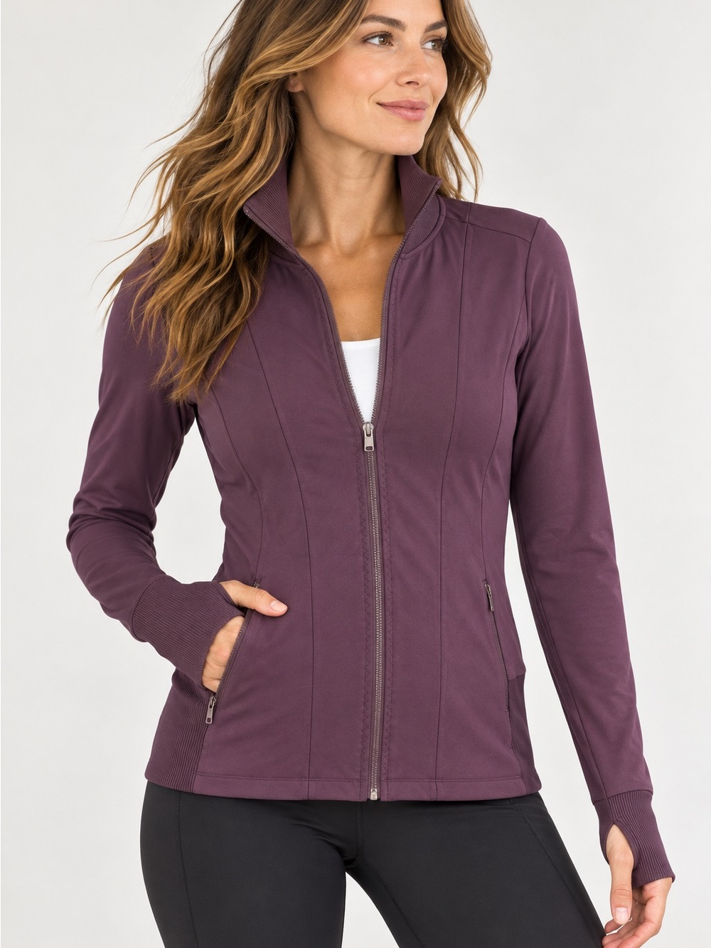 Athleta Ridge Jacket Womenโs Medium Regal Plum Full Zip Thumbholes 350838